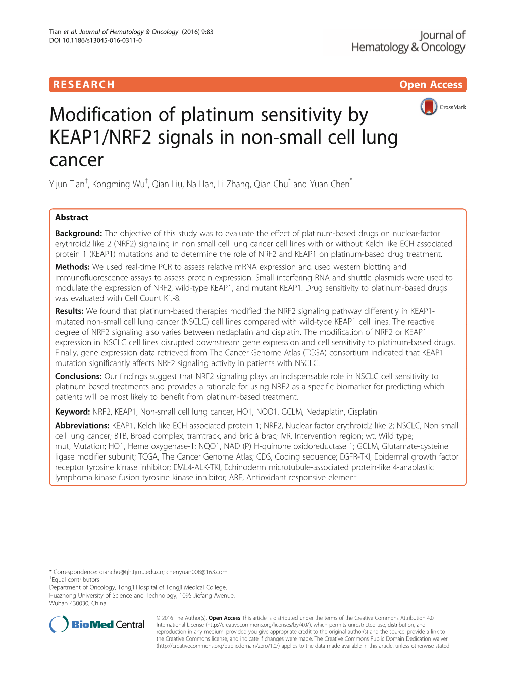 Modification of Platinum Sensitivity by KEAP1/NRF2 Signals in Non-Small