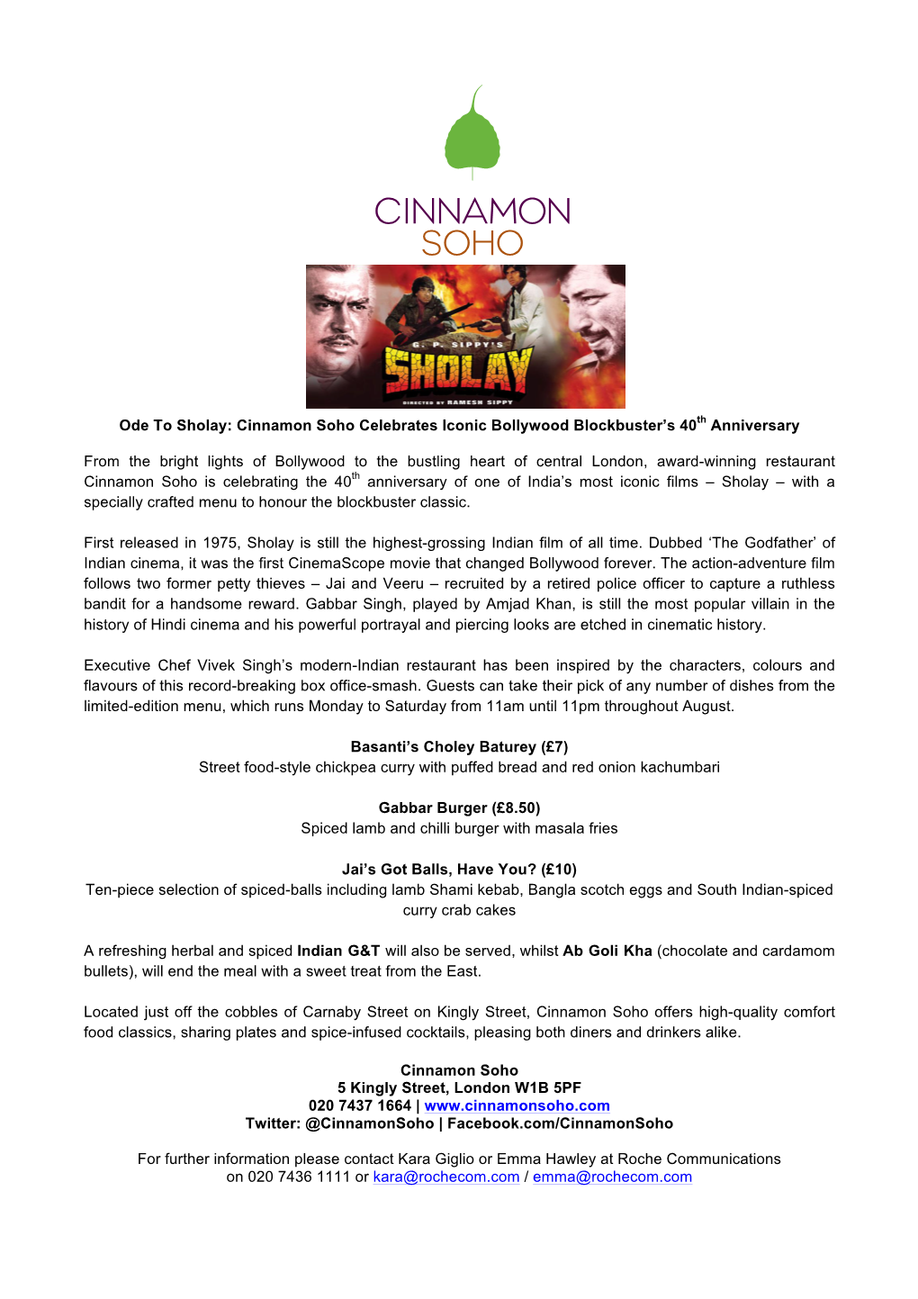 Ode to Sholay: Cinnamon Soho Celebrates Iconic Bollywood Blockbuster’S 40Th Anniversary