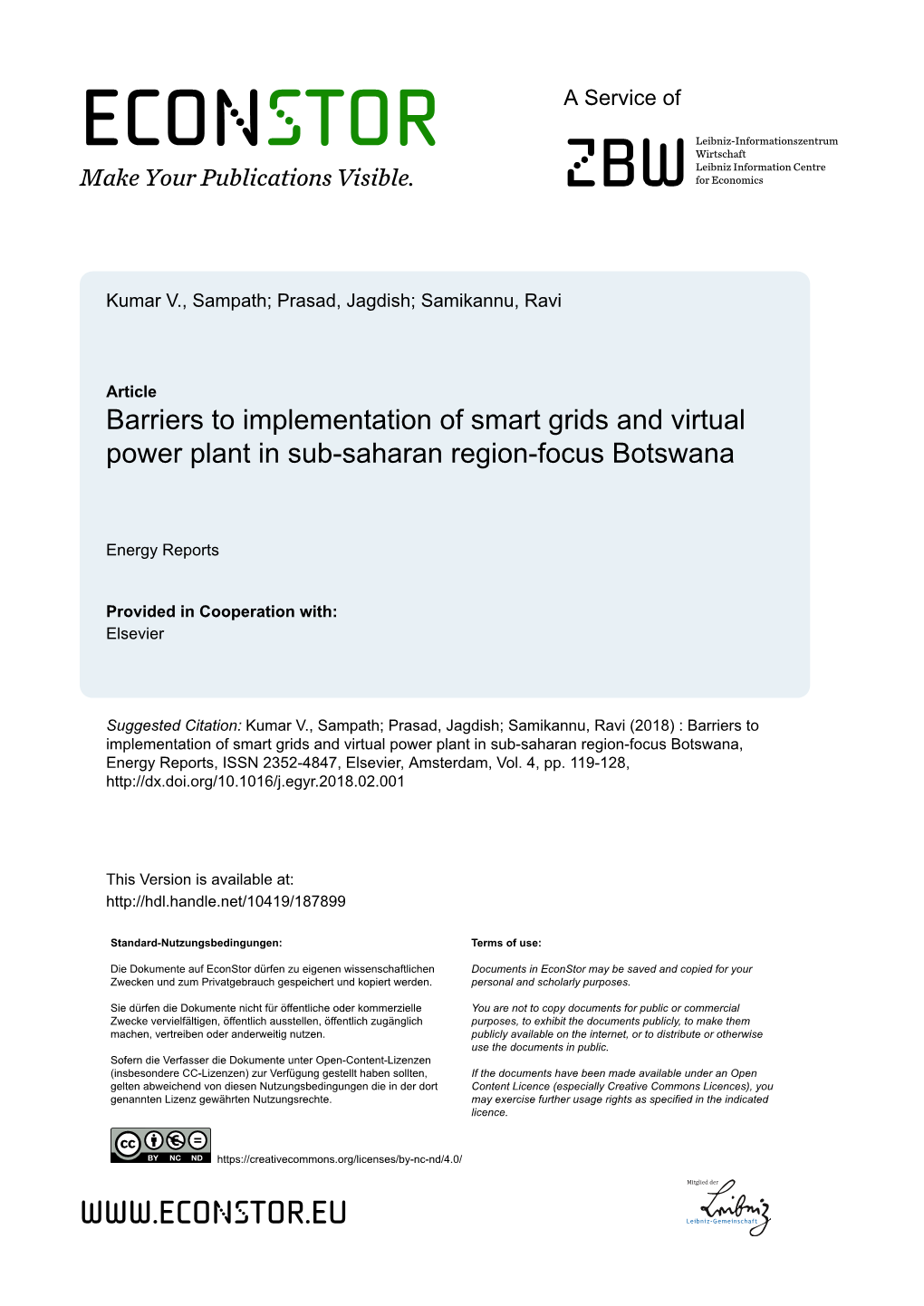 Barriers to Implementation of Smart Grids and Virtual Power Plant in Sub-Saharan Region-Focus Botswana