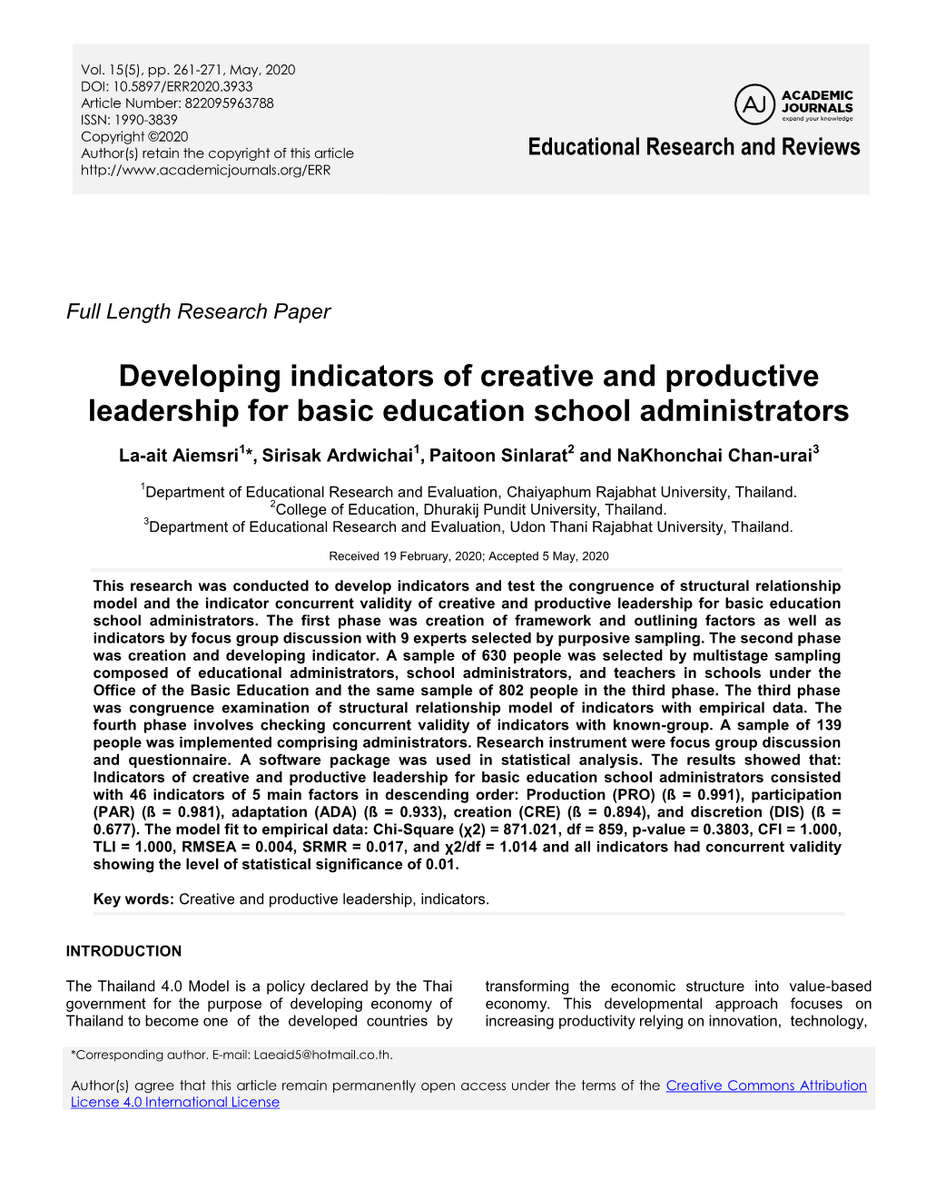 Developing Indicators of Creative and Productive Leadership for Basic Education School Administrators