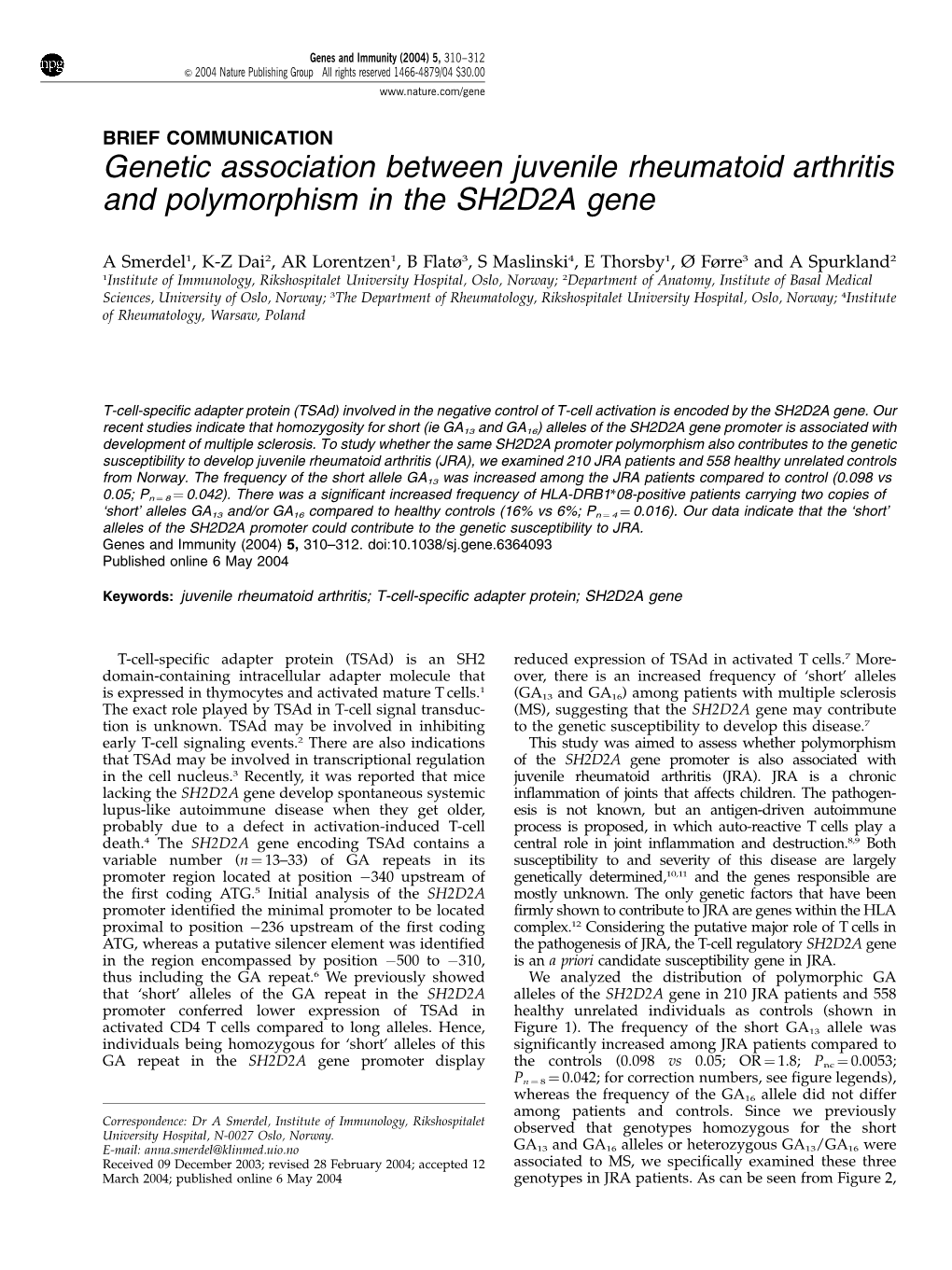 Genetic Association Between Juvenile Rheumatoid Arthritis and Polymorphism in the SH2D2A Gene
