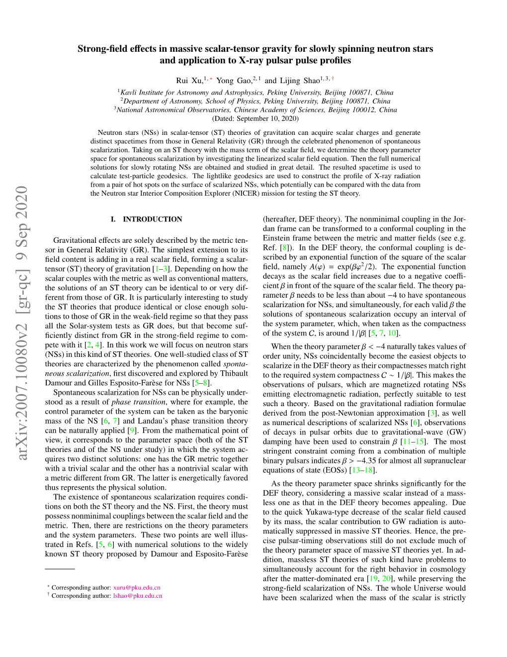 Arxiv:2007.10080V2 [Gr-Qc] 9 Sep 2020