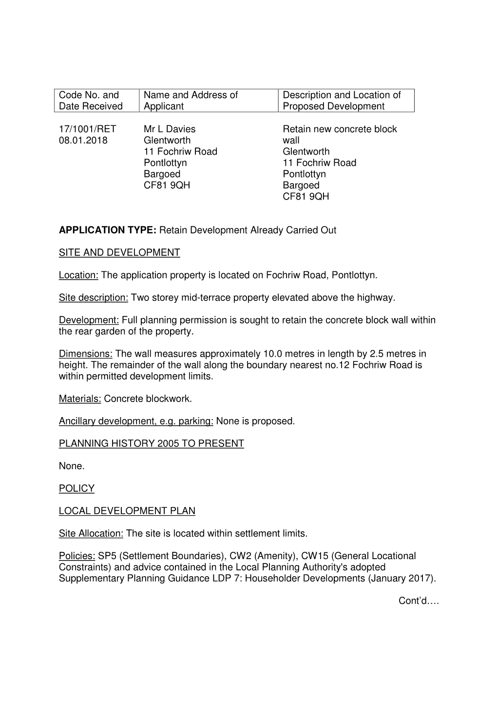 Code No. and Date Received Name and Address of Applicant