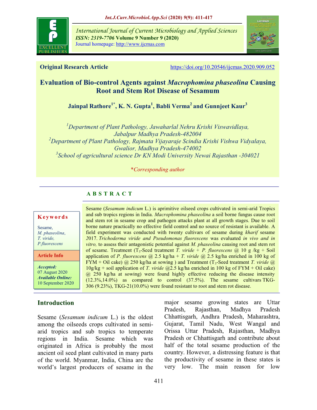 Evaluation of Bio-Control Agents Against Macrophomina Phaseolina Causing Root and Stem Rot Disease of Sesamum