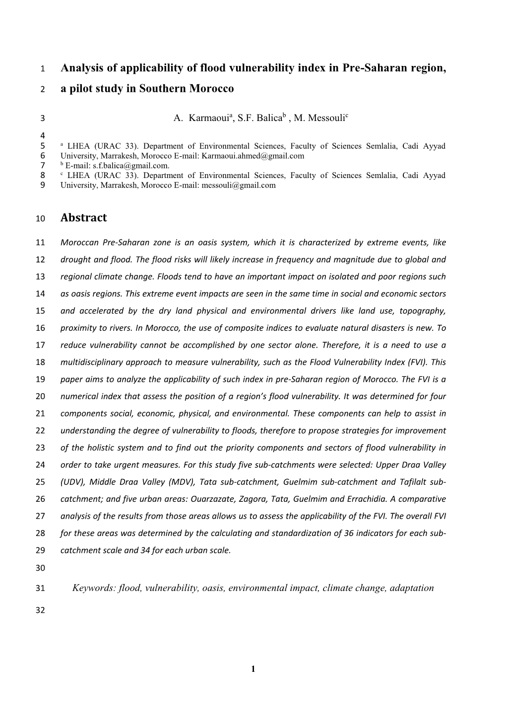 Analysis of Applicability of Flood Vulnerability Index in Pre-Saharan Region, a Pilot Study in Southern Morocco Abstract