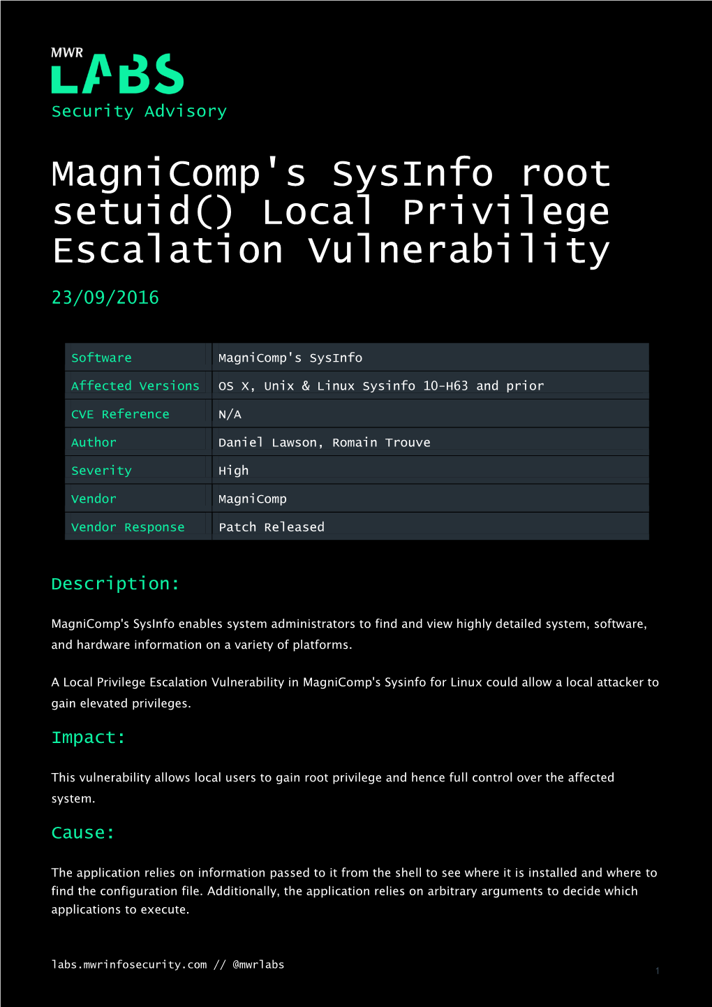 Magnicomp's Sysinfo Root Setuid() Local Privilege Escalation Vulnerability