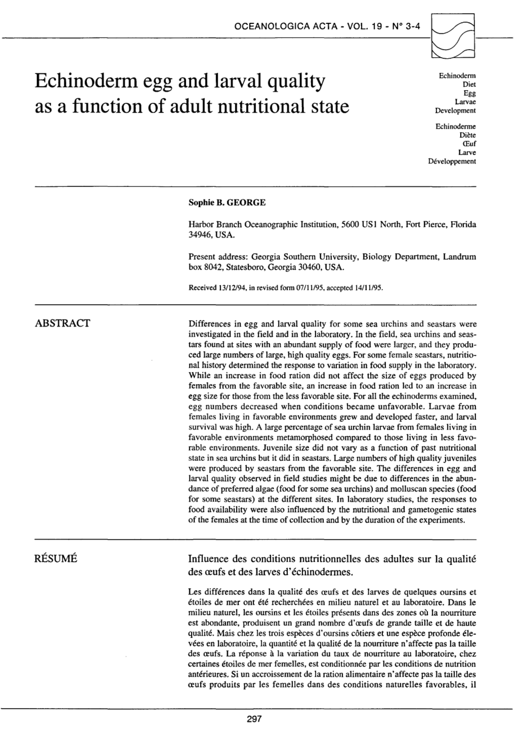 Echinoderm Egg and Larval Quality As a Function of Adult Nutritional State