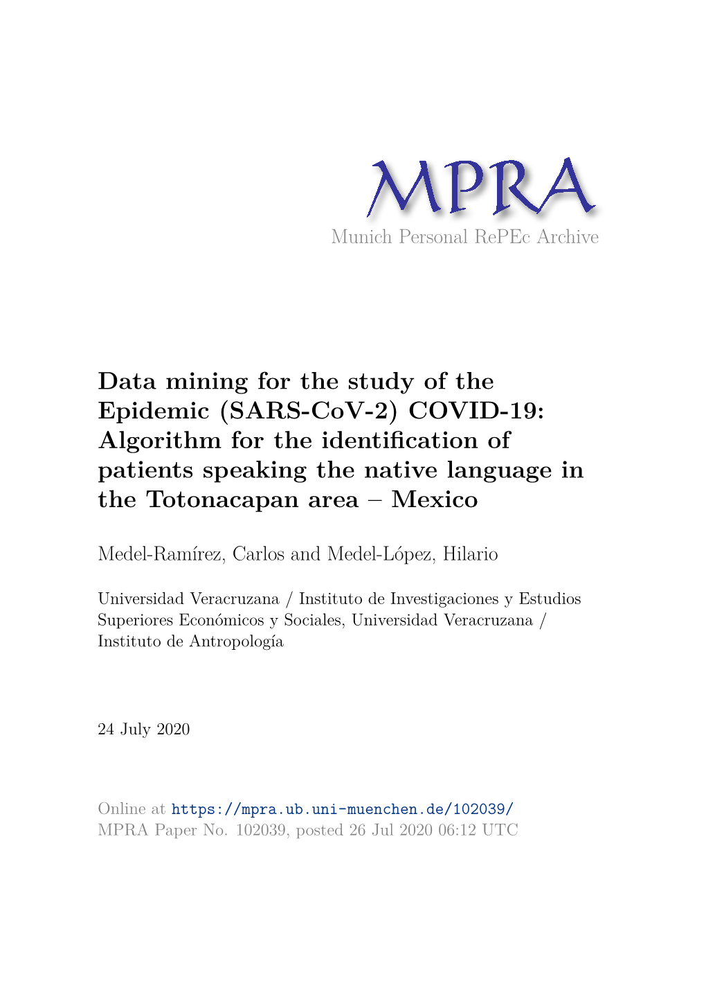 Data Mining for the Study of the Epidemic (SARS-Cov-2) COVID-19