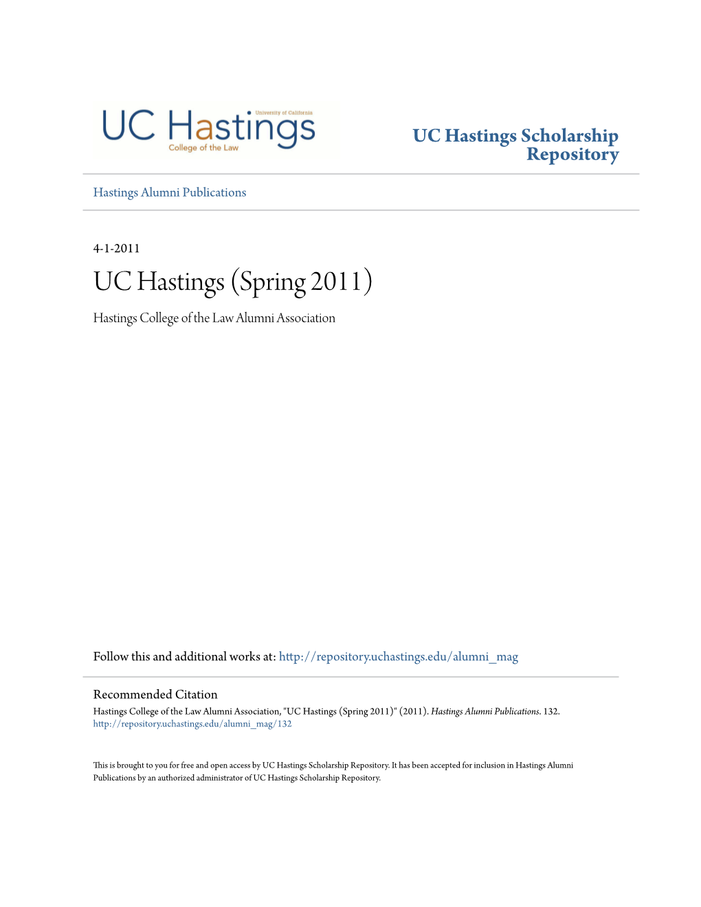 UC Hastings (Spring 2011) Hastings College of the Law Alumni Association