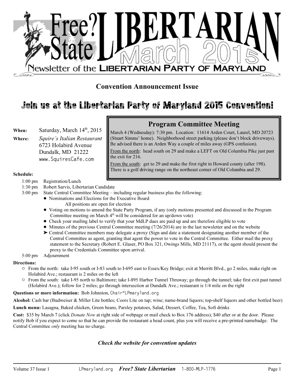 Join Us at the Libertarian Party of Maryland 2015 Convention!