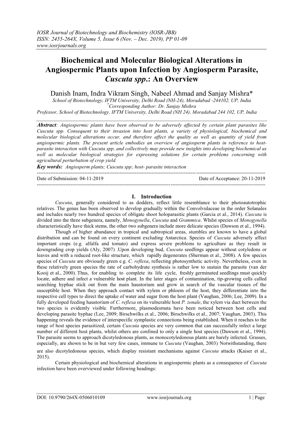 Biochemical and Molecular Biological Alterations in Angiospermic Plants Upon Infection by Angiosperm Parasite, Cuscuta Spp.: an Overview