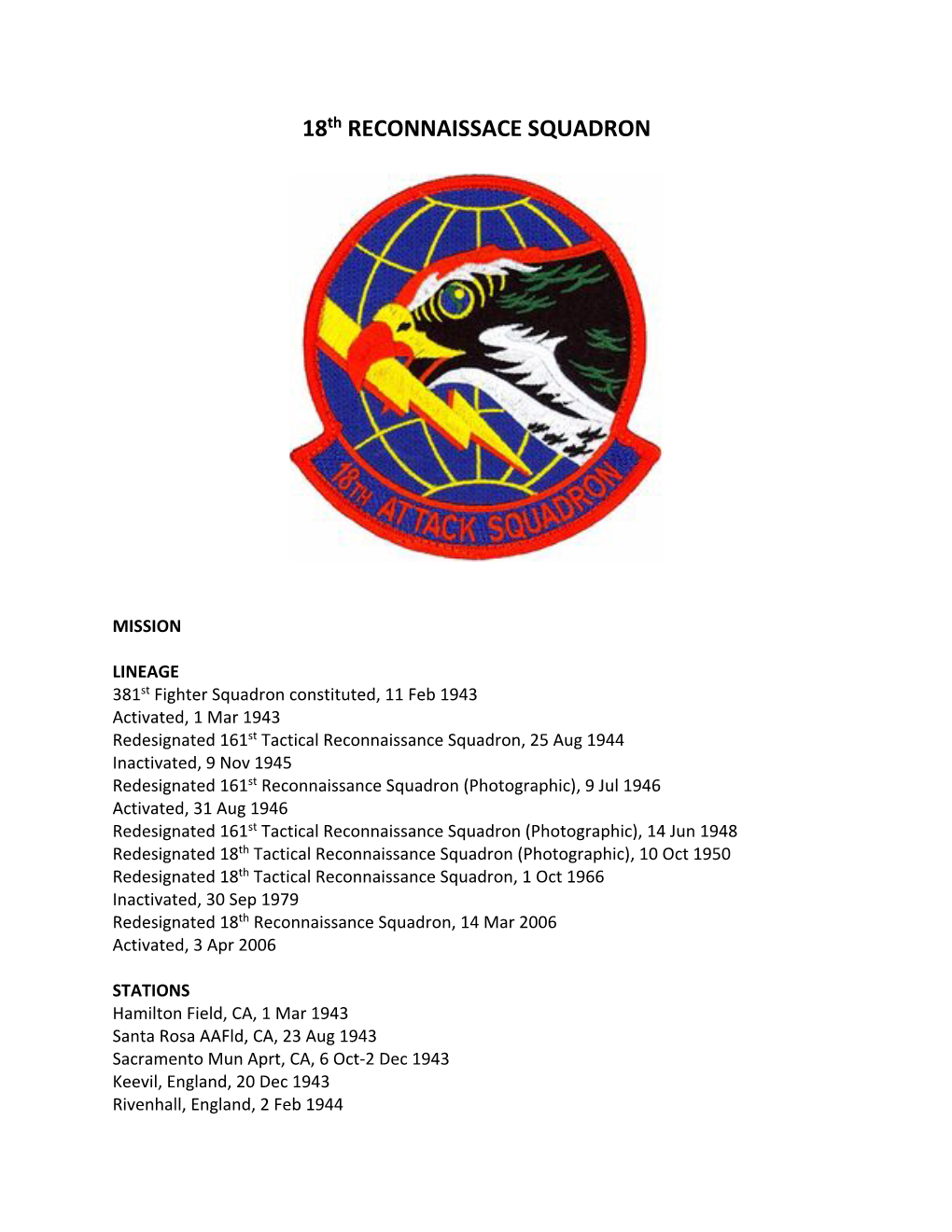 18Th RECONNAISSACE SQUADRON