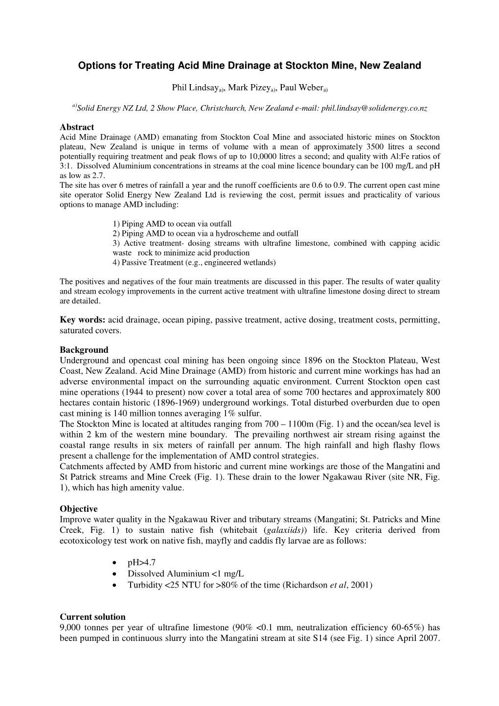 Options for Treating Acid Mine Drainage at Stockton Mine, New Zealand