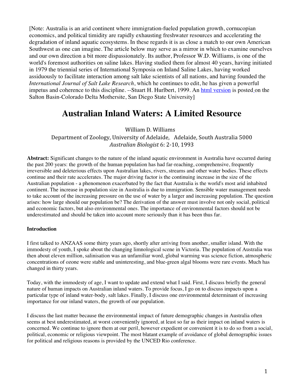 Australian Inland Waters: a Limited Resource