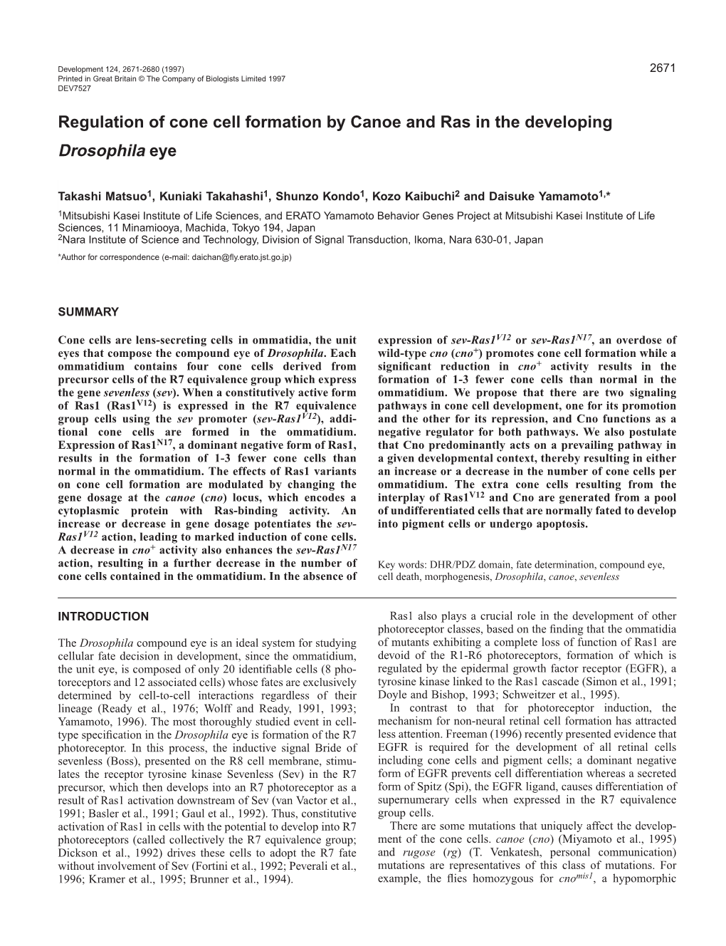 Regulation of Cone Cell Formation by Canoe and Ras in the Developing Drosophila Eye