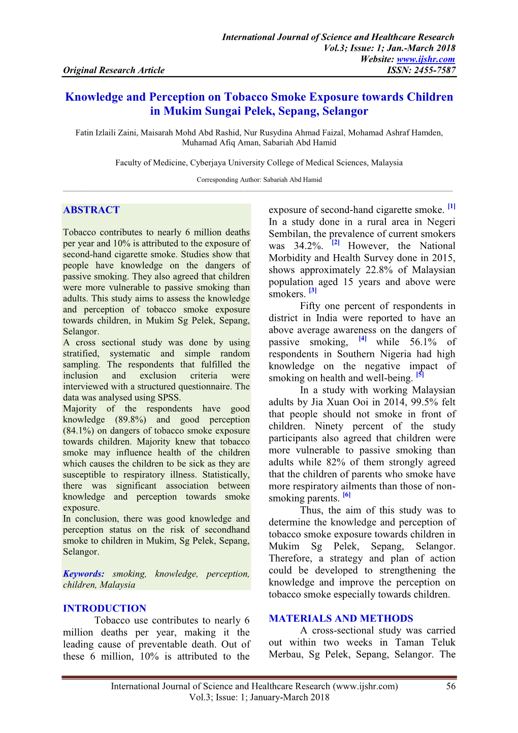 Knowledge and Perception on Tobacco Smoke Exposure Towards Children in Mukim Sungai Pelek, Sepang, Selangor