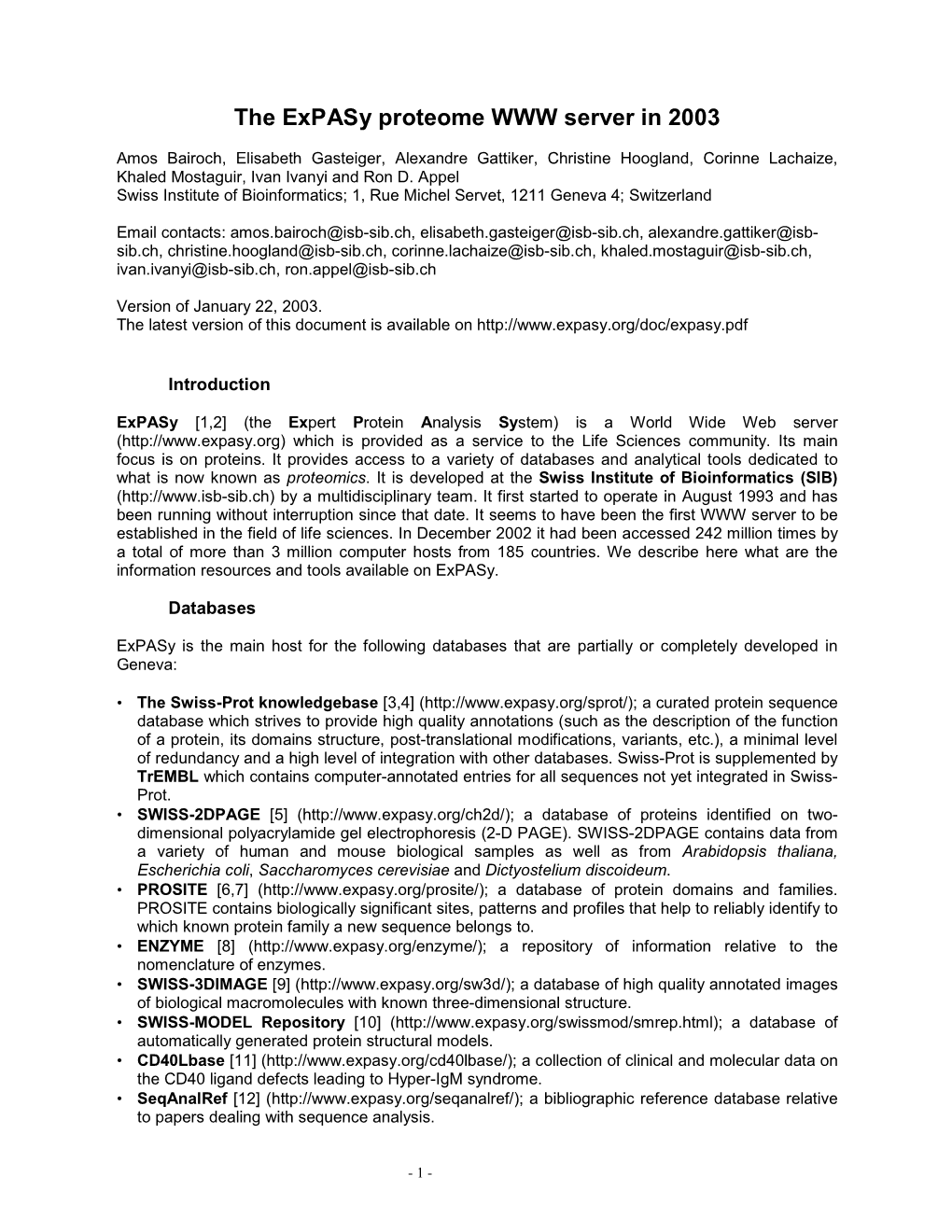 The Expasy Proteome WWW Server in 2003