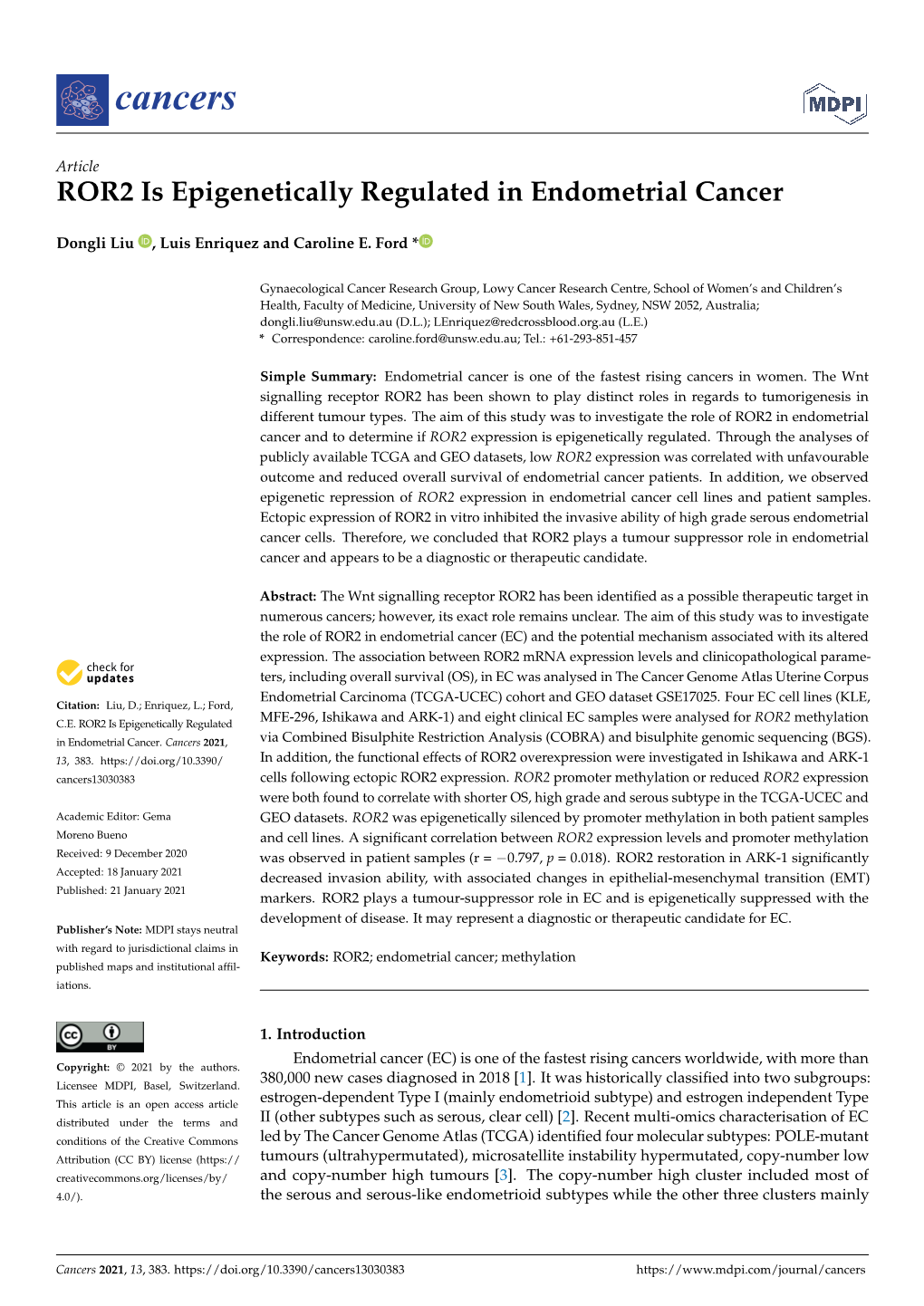 ROR2 Is Epigenetically Regulated in Endometrial Cancer