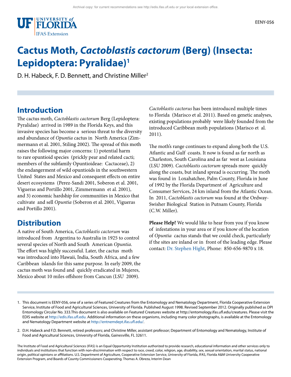 Cactus Moth, Cactoblastis Cactorum (Berg) (Insecta: Lepidoptera: Pyralidae)1 D