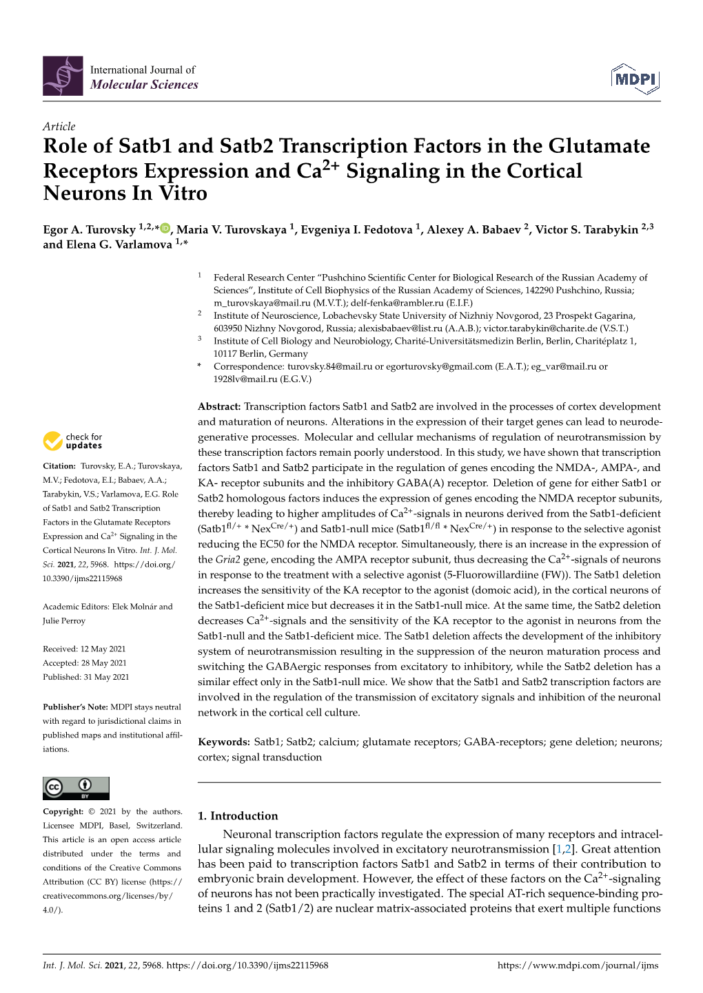 Role of Satb1 and Satb2 Transcription Factors in the Glutamate Receptors Expression and Ca2+ Signaling in the Cortical Neurons in Vitro