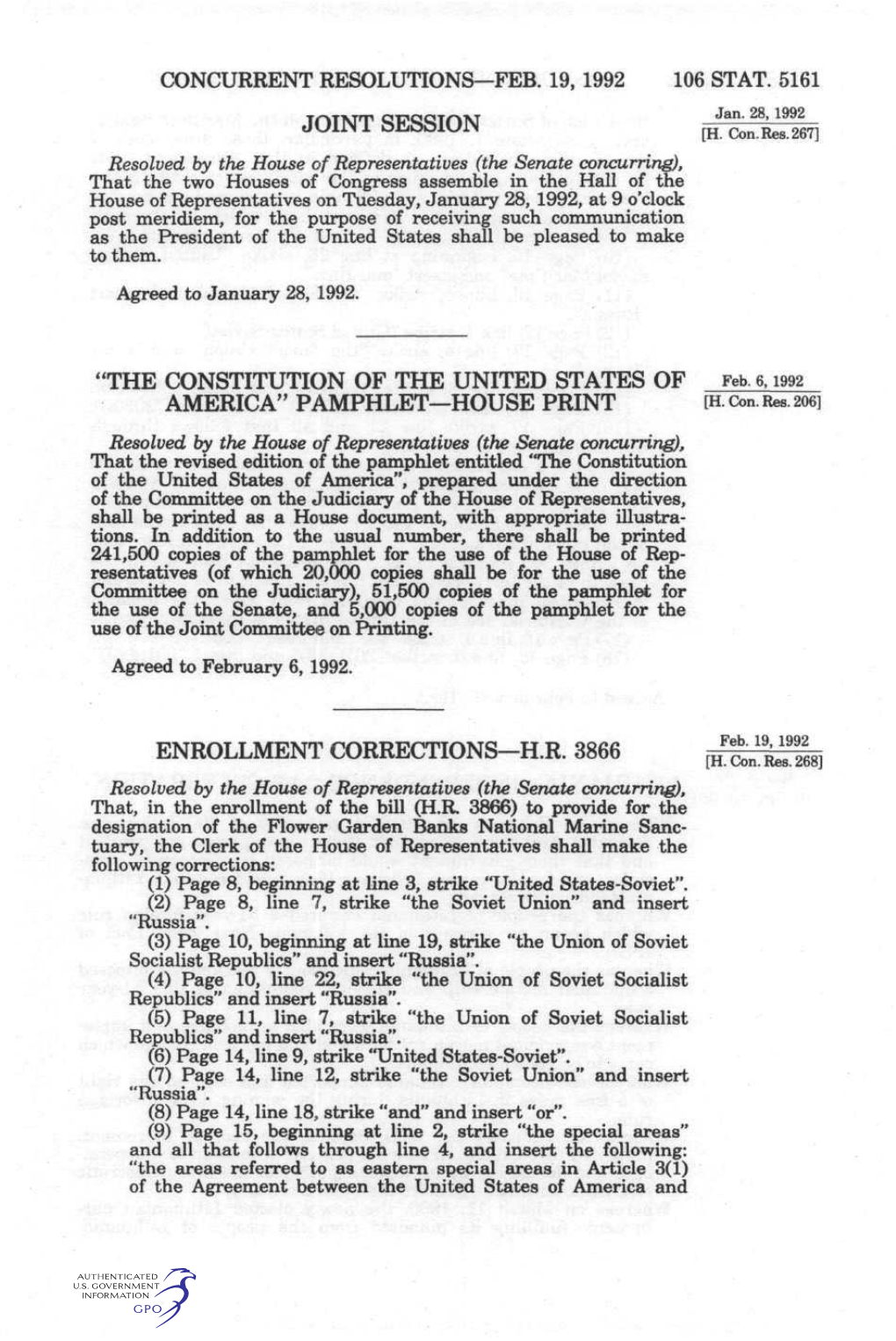 THE CONSTITUTION of the UNITED STATES of Feb. 6,1992 AMERICA" PAMPHLET—HOUSE PRINT [H.Con.Re8.206]