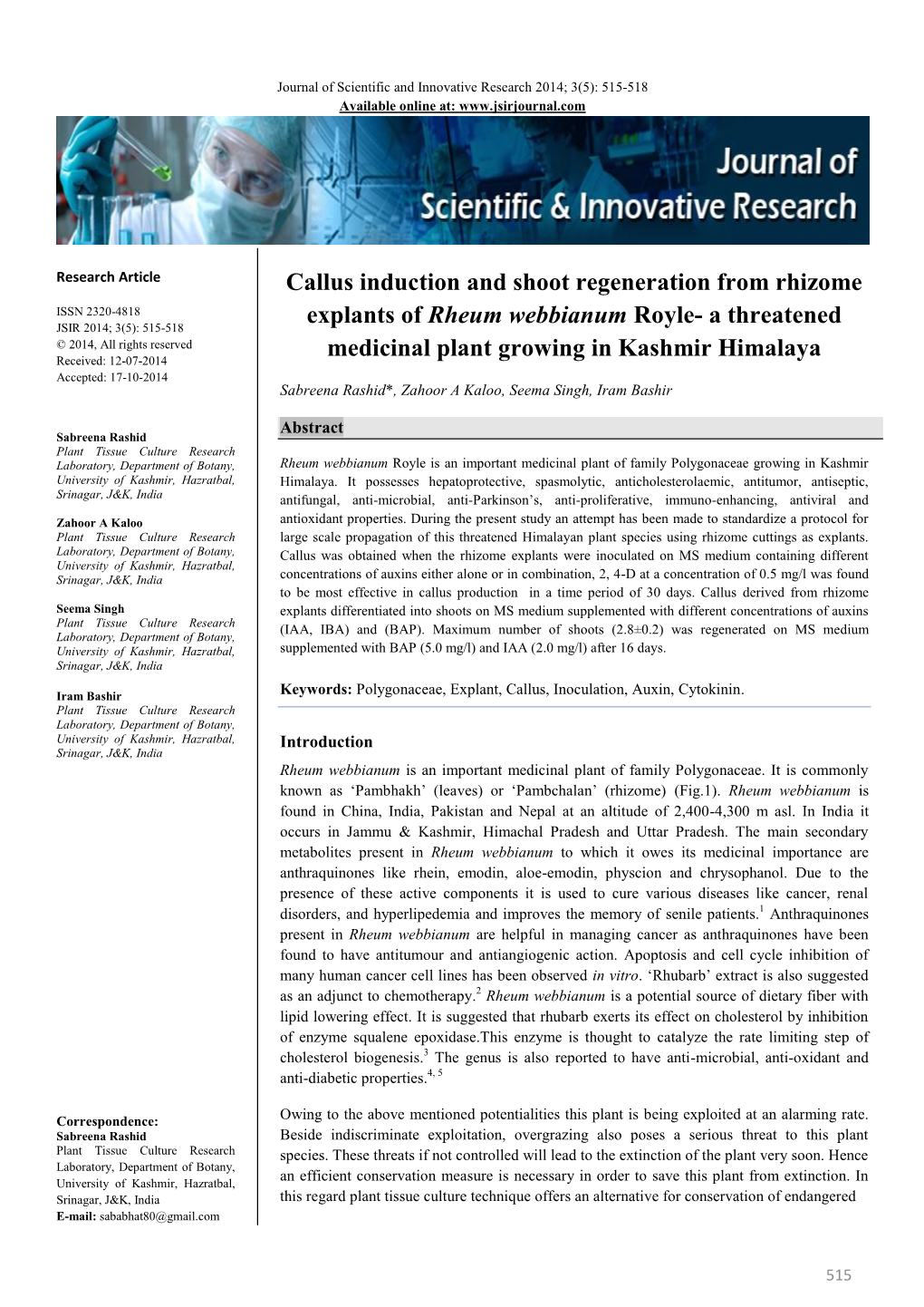 Callus Induction and Shoot Regeneration from Rhizome Explants