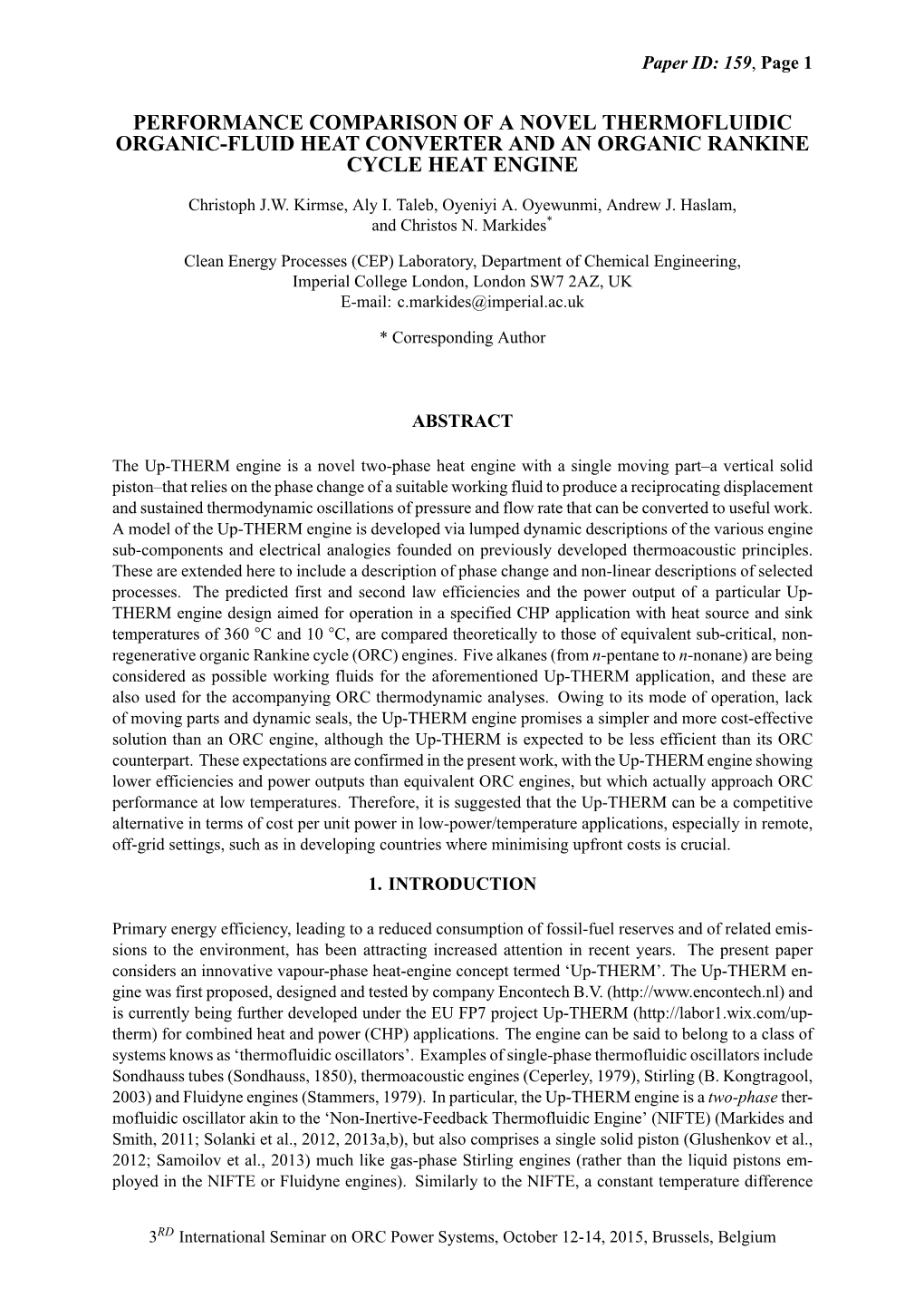 Performance Comparison of a Novel Thermofluidic Organic-Fluid Heat Converter and an Organic Rankine Cycle Heat Engine