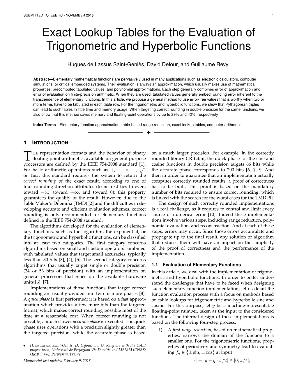 Exact Lookup Tables for the Evaluation of Trigonometric and Hyperbolic Functions