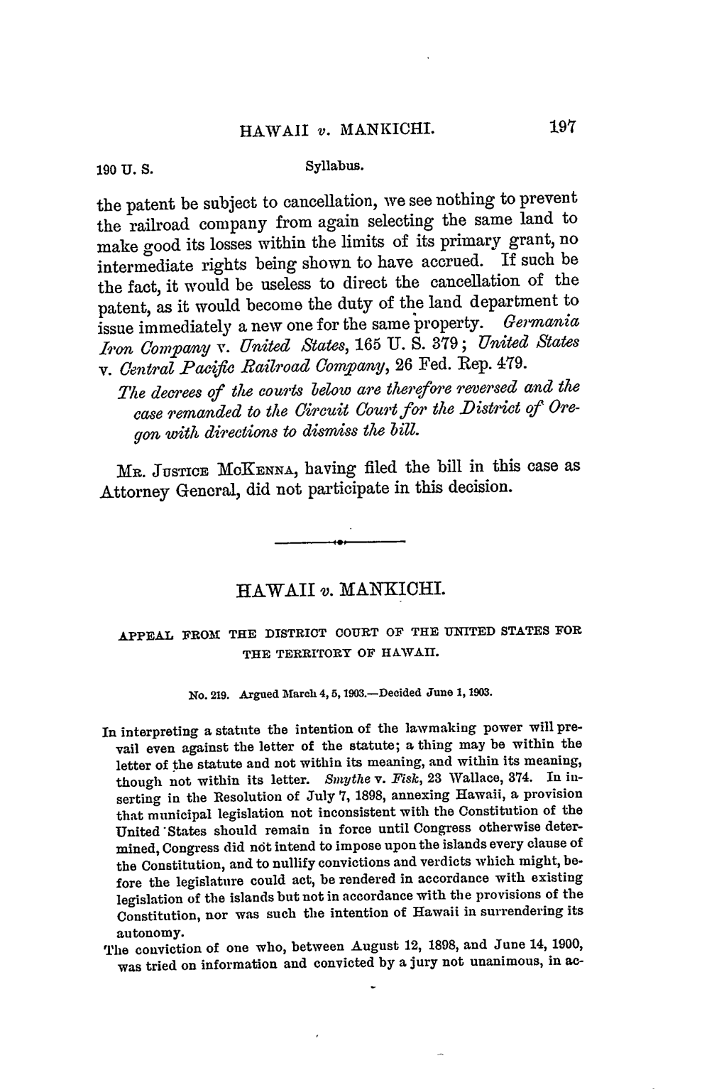 Hawaii V. Mankichi, 190 US