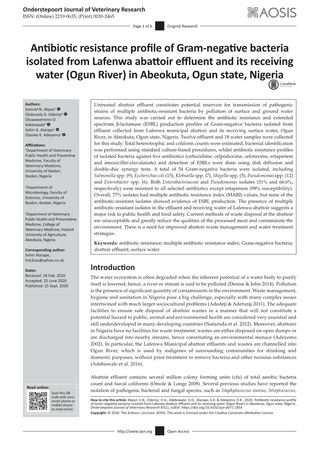 Antibiotic Resistance Profile of Gram-Negative Bacteria Isolated from Lafenwa Abattoir Effluent and Its Receiving Water (Ogun River) in Abeokuta, Ogun State, Nigeria