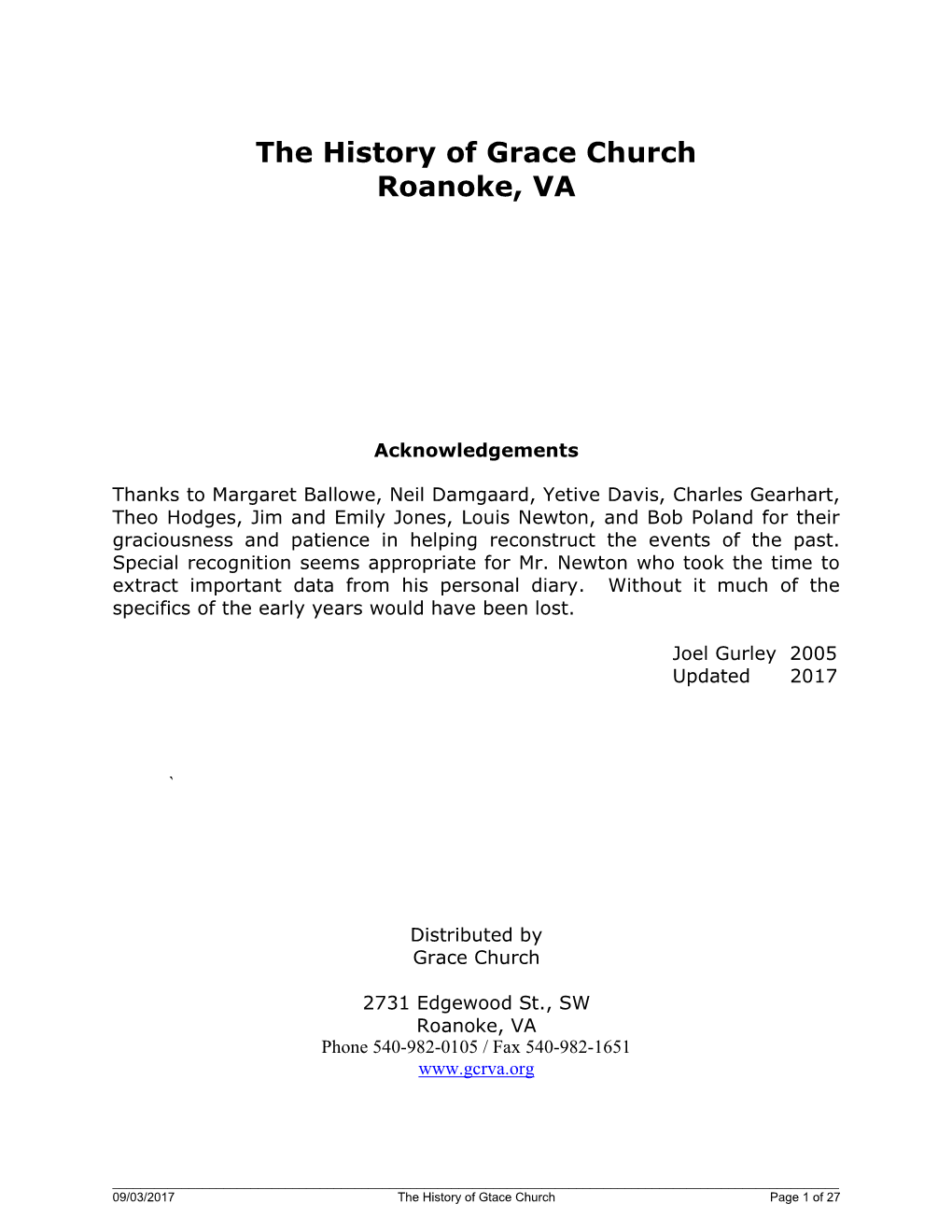 The History of Grace Church Roanoke, VA