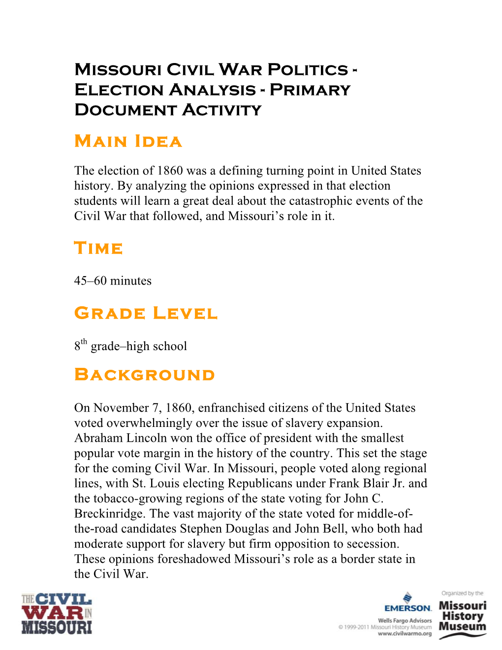 Missouri Civil War Politics - Election Analysis - Primary Document Activity