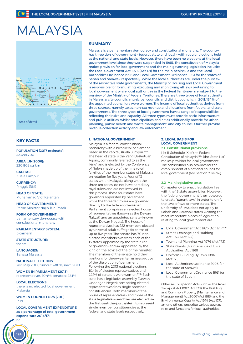 LOCAL GOVERNMENT SYSTEM in Malaysia COUNTRY PROFILE 2017–18 MALAYSIA SUMMARY Malaysia Is a Parliamentary Democracy and Constitutional Monarchy