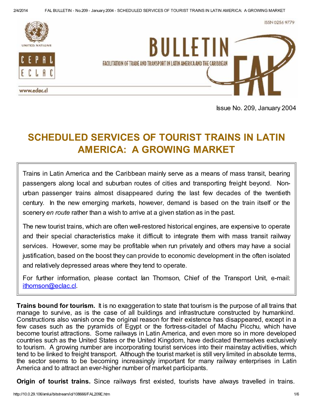 Scheduled Services of Tourist Trains in Latin America: a Growing Market