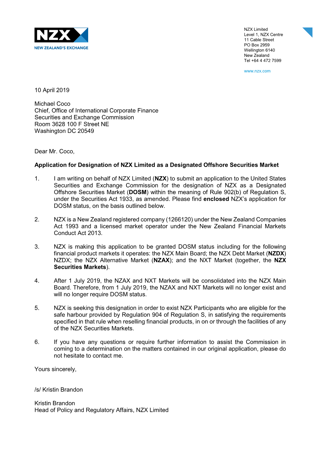 Incoming Letter: NZX Limited