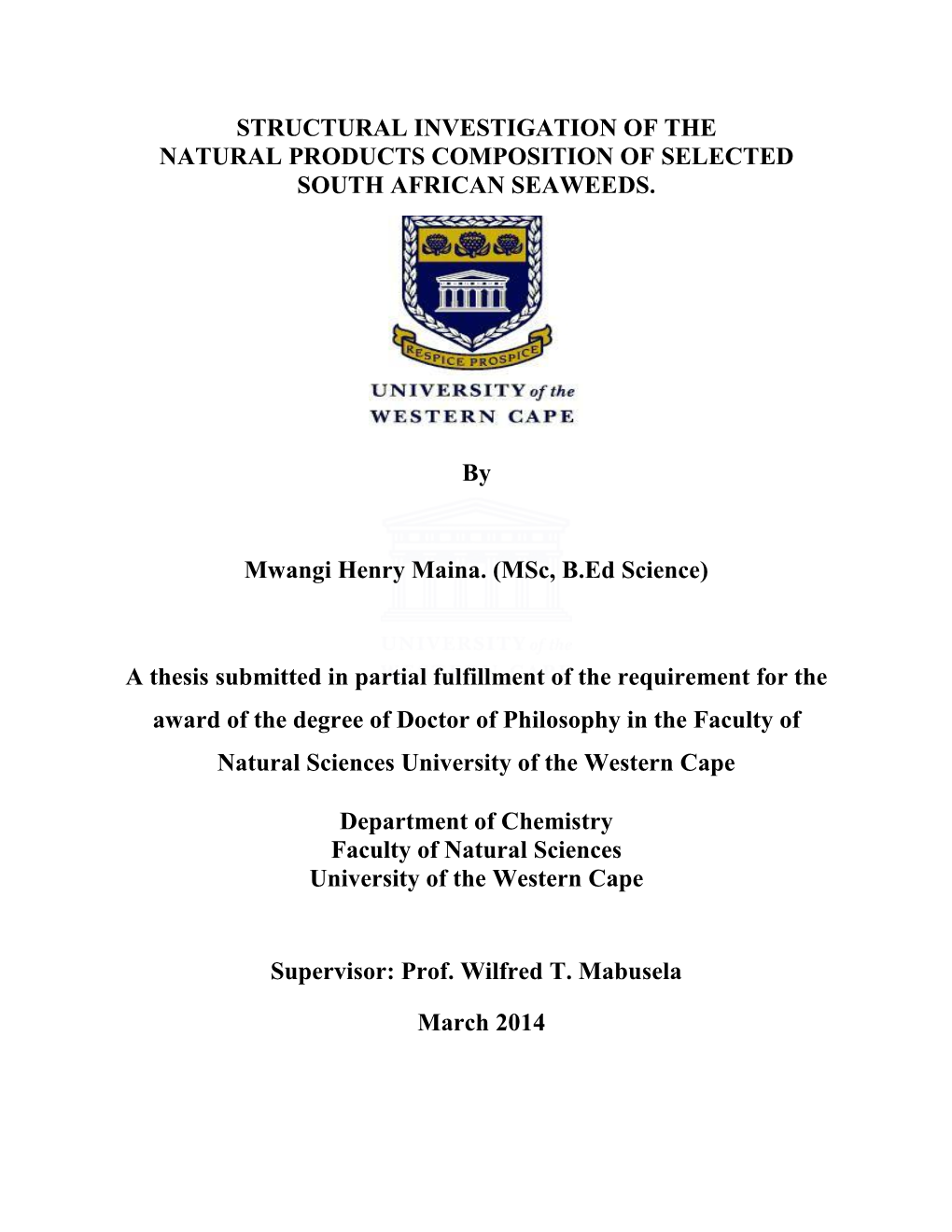 Structural Investigation of the Natural Products Composition of Selected South African Seaweeds