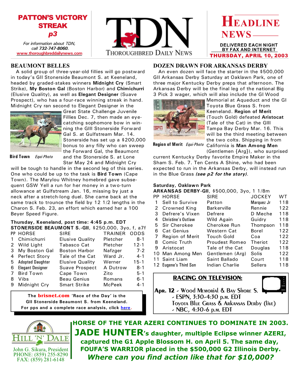 HEADLINE P3 NEWS for Information About TDN, DELIVERED EACH NIGHT Call 732-747-8060