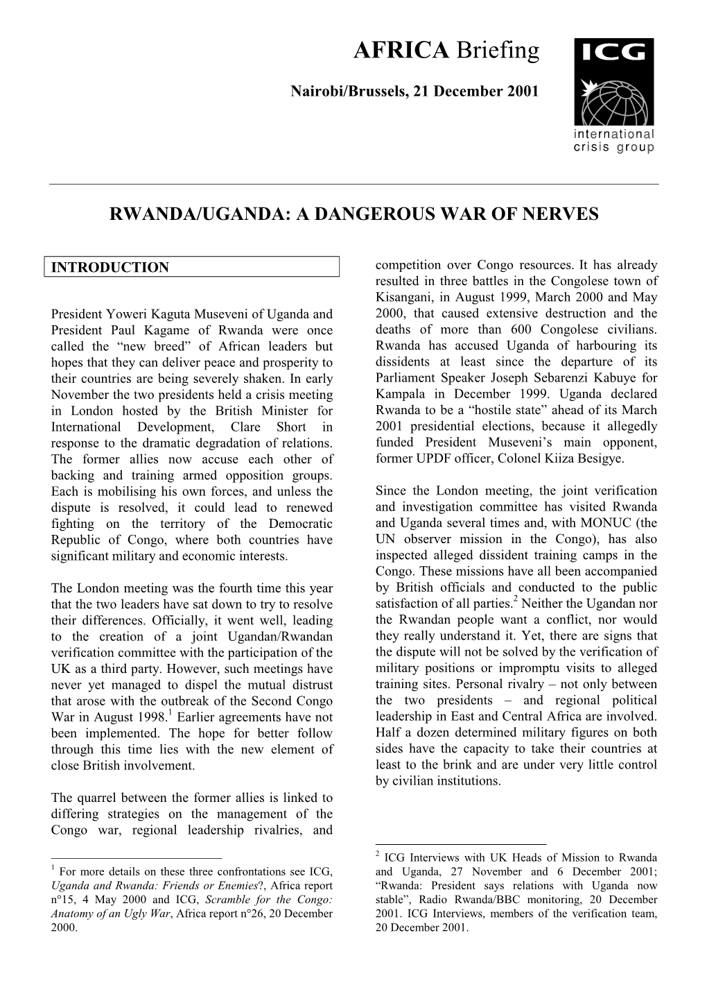 Rwanda/Uganda: a Dangerous War of Nerves