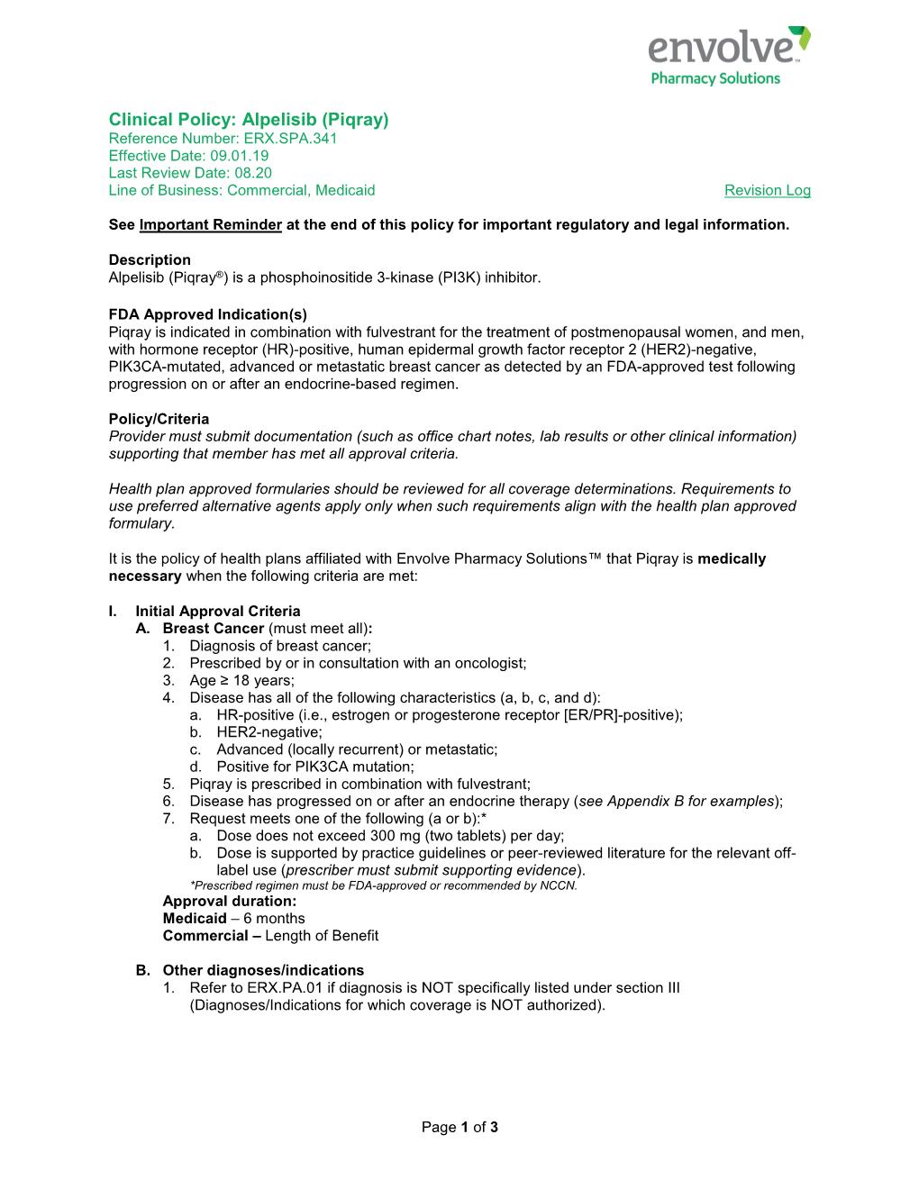 Alpelisib (Piqray) Reference Number: ERX.SPA.341 Effective Date: 09.01.19 Last Review Date: 08.20 Line of Business: Commercial, Medicaid Revision Log