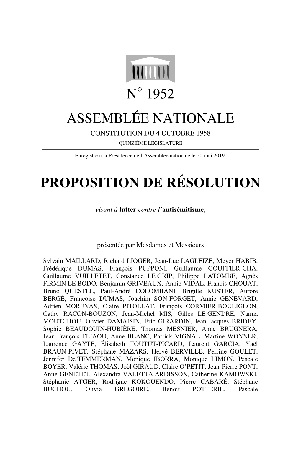 N° 1952 Assemblée Nationale Proposition De Résolution