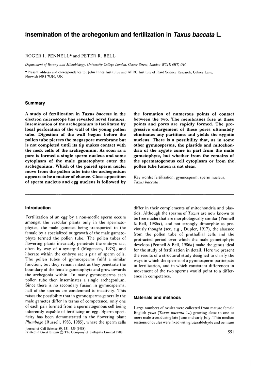 Insemination of the Archegonium and Fertilization in Taxus Baccata L