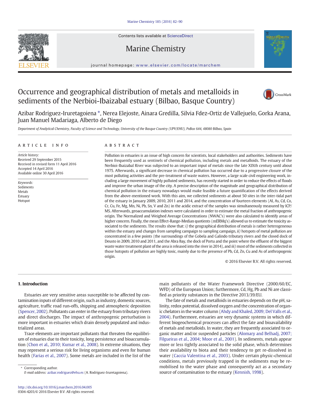 Occurrence and Geographical Distribution of Metals and Metalloids in Sediments of the Nerbioi-Ibaizabal Estuary (Bilbao, Basque Country)