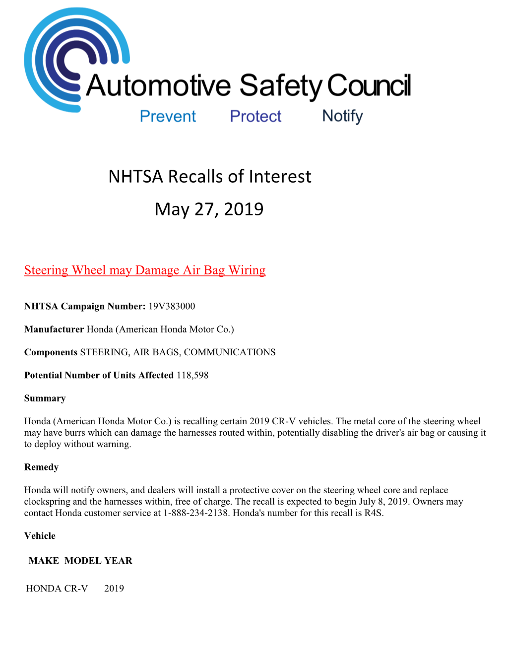 NHTSA Recalls of Interest May 27, 2019