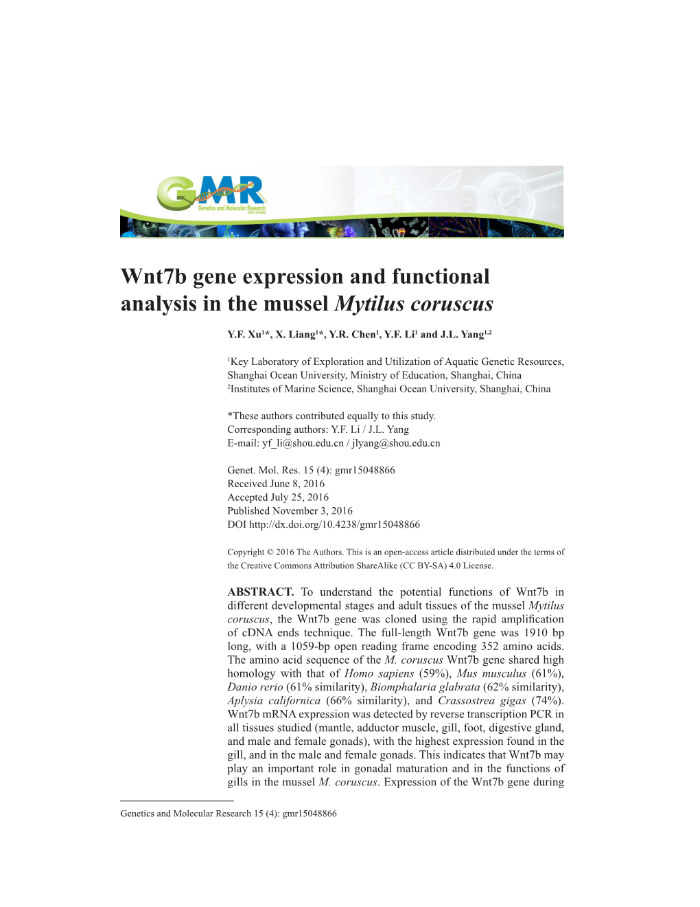 Wnt7b Gene Expression and Functional Analysis in the Mussel Mytilus Coruscus