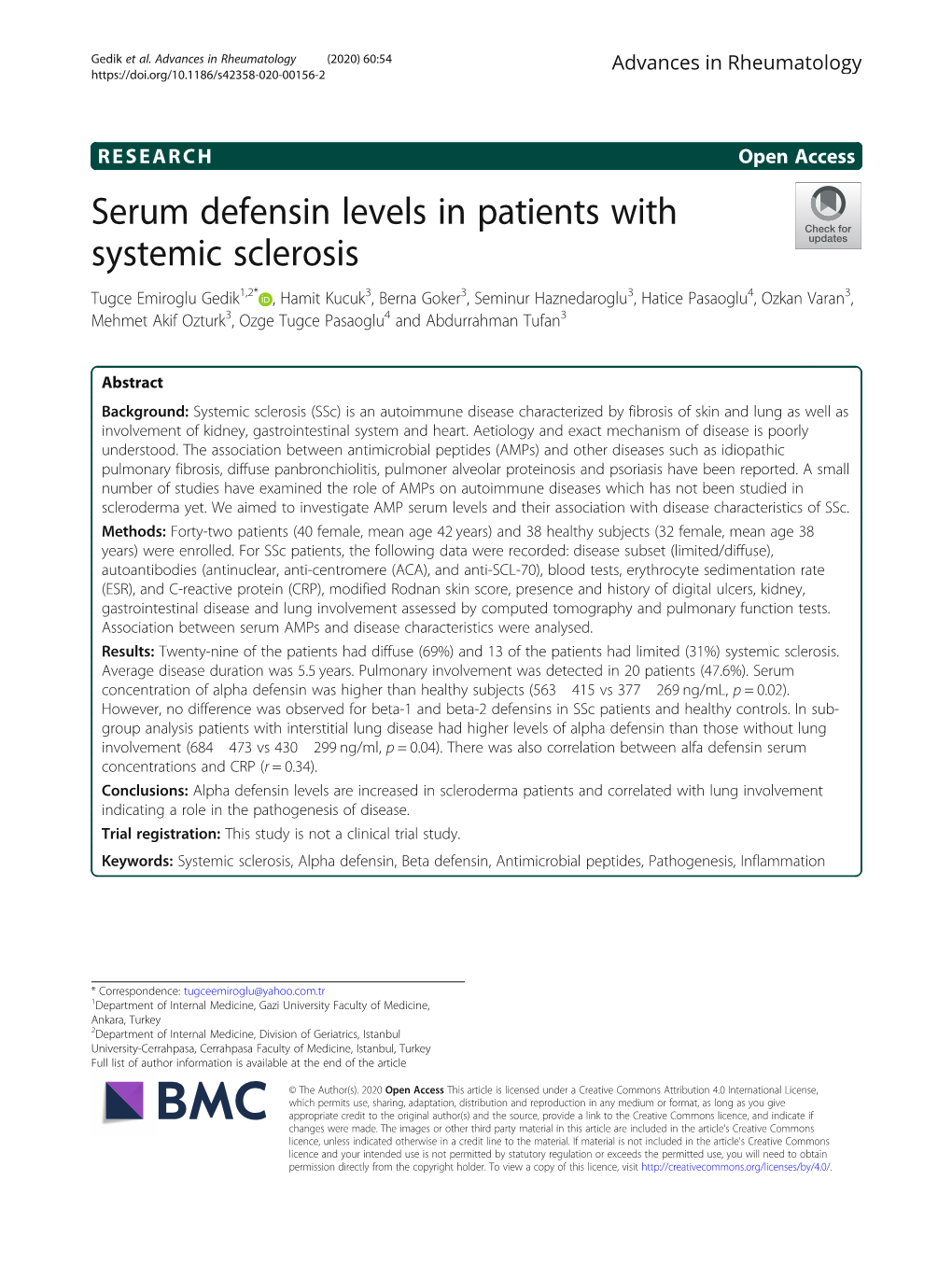 Serum Defensin Levels in Patients with Systemic Sclerosis