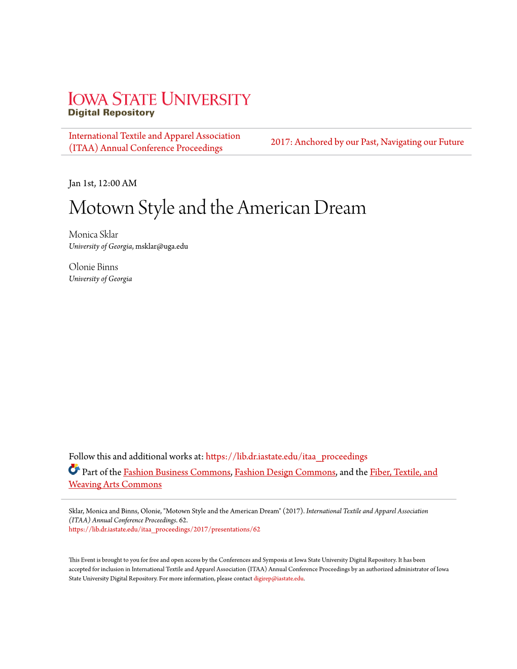 Motown Style and the American Dream Monica Sklar University of Georgia, Msklar@Uga.Edu