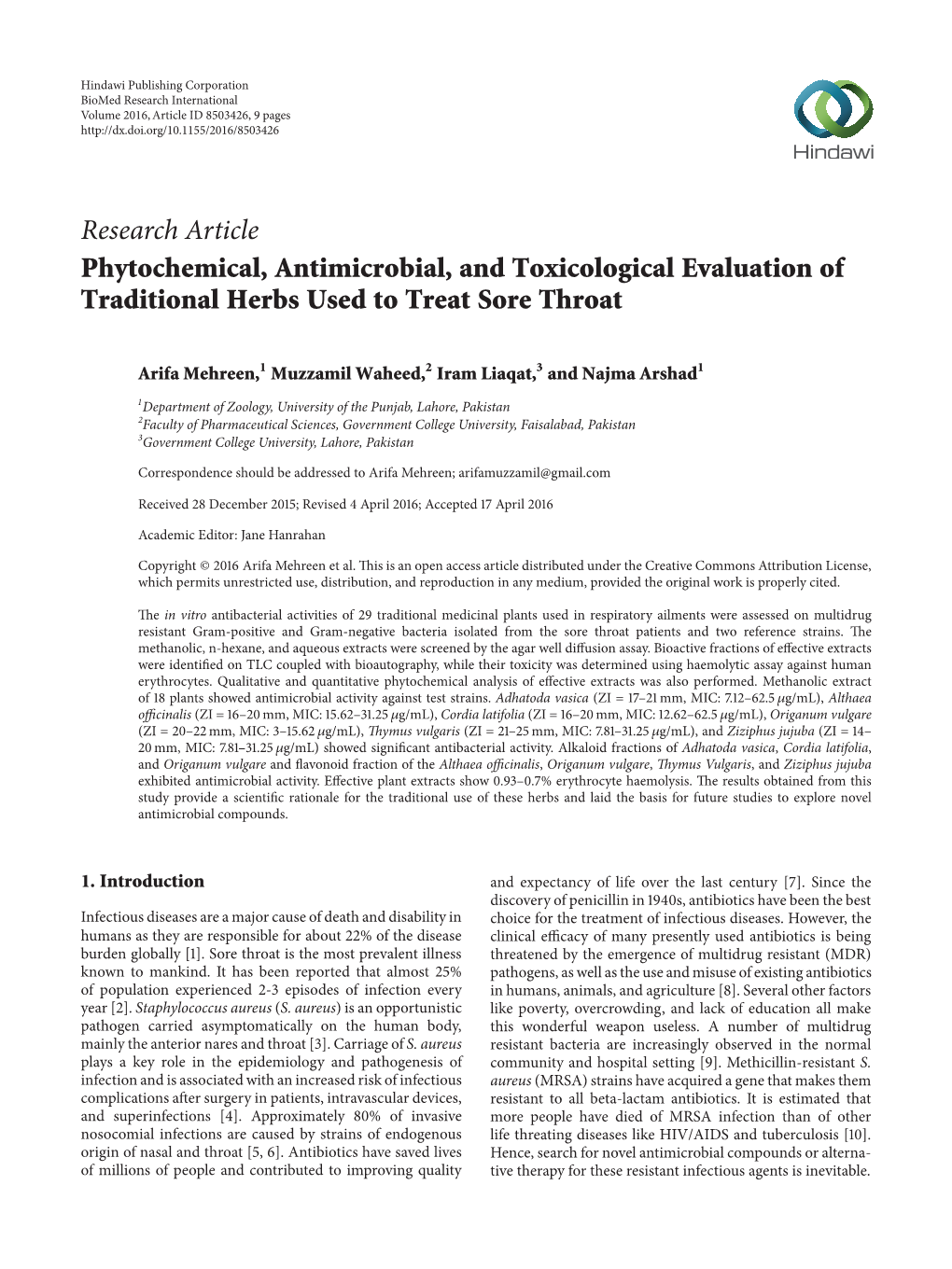 Phytochemical, Antimicrobial, and Toxicological Evaluation of Traditional Herbs Used to Treat Sore Throat