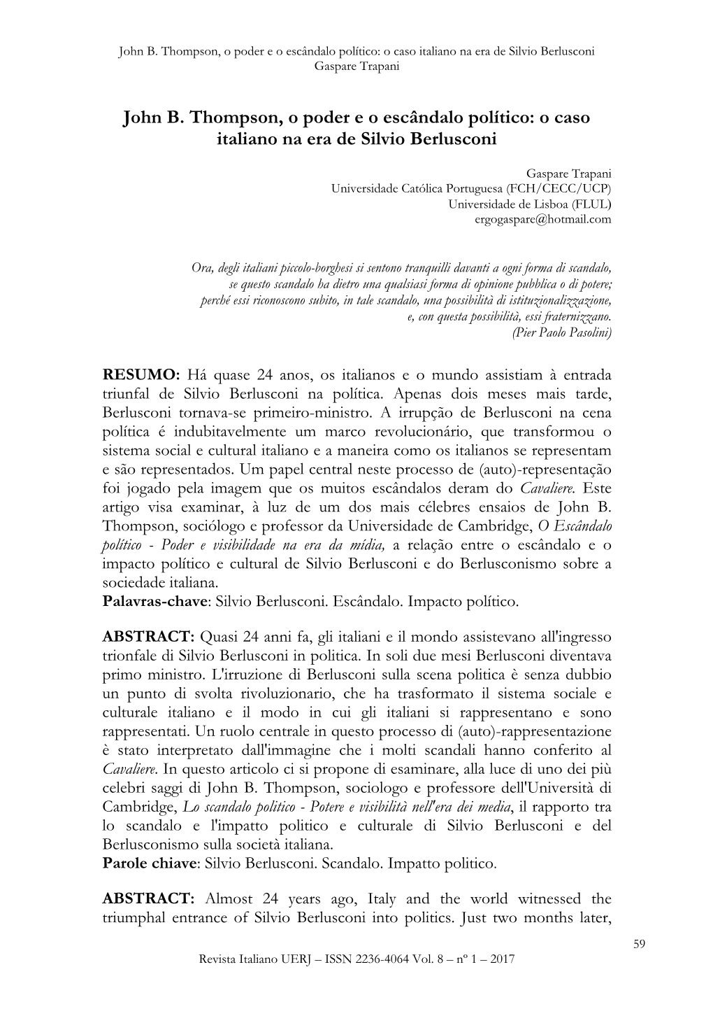 John B. Thompson, O Poder E O Escândalo Político: O Caso Italiano Na Era De Silvio Berlusconi Gaspare Trapani