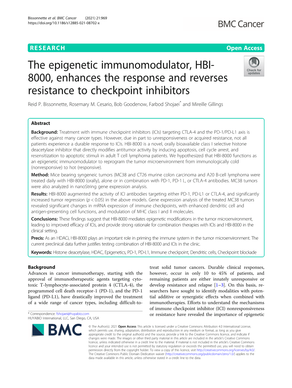 The Epigenetic Immunomodulator, HBI-8000, Enhances the Response And