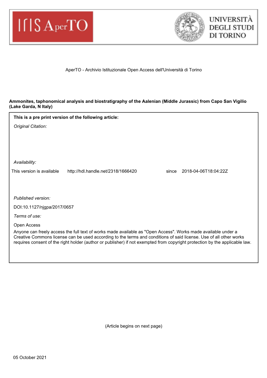 Ammonites, Taphonomical Analysis and Biostratigraphy of the Aalenian (Middle Jurassic) from Capo San Vigilio (Lake Garda, N Italy)